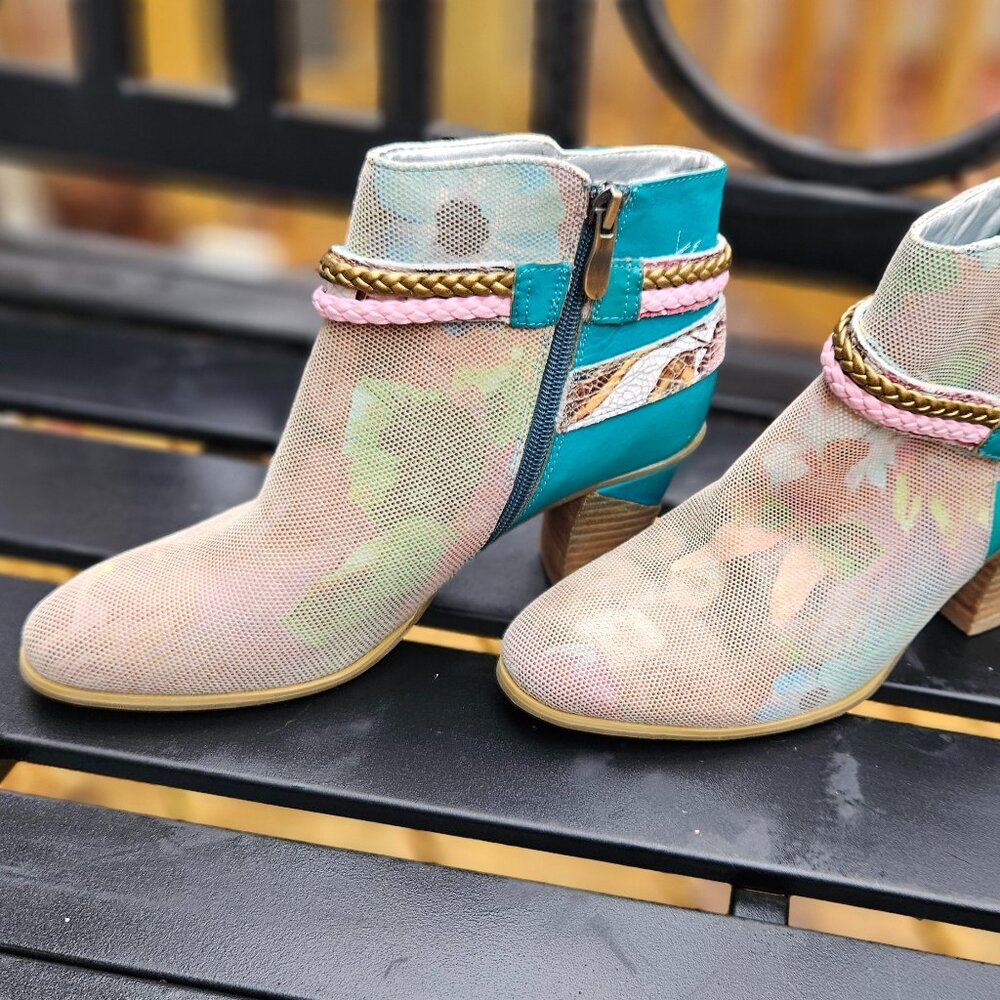 Spring Step by L'artiste | Turquois and Pink netted flowered ankle boot - Sz 7 - Picture 5 of 8